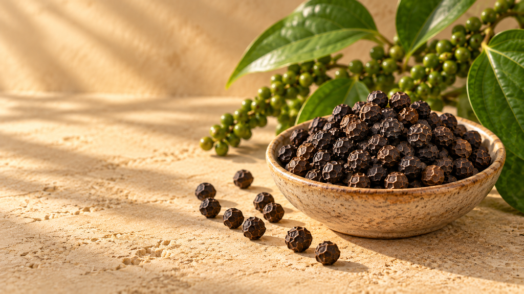 tigerpeppar, svart malabarpeppar från kerala i indien